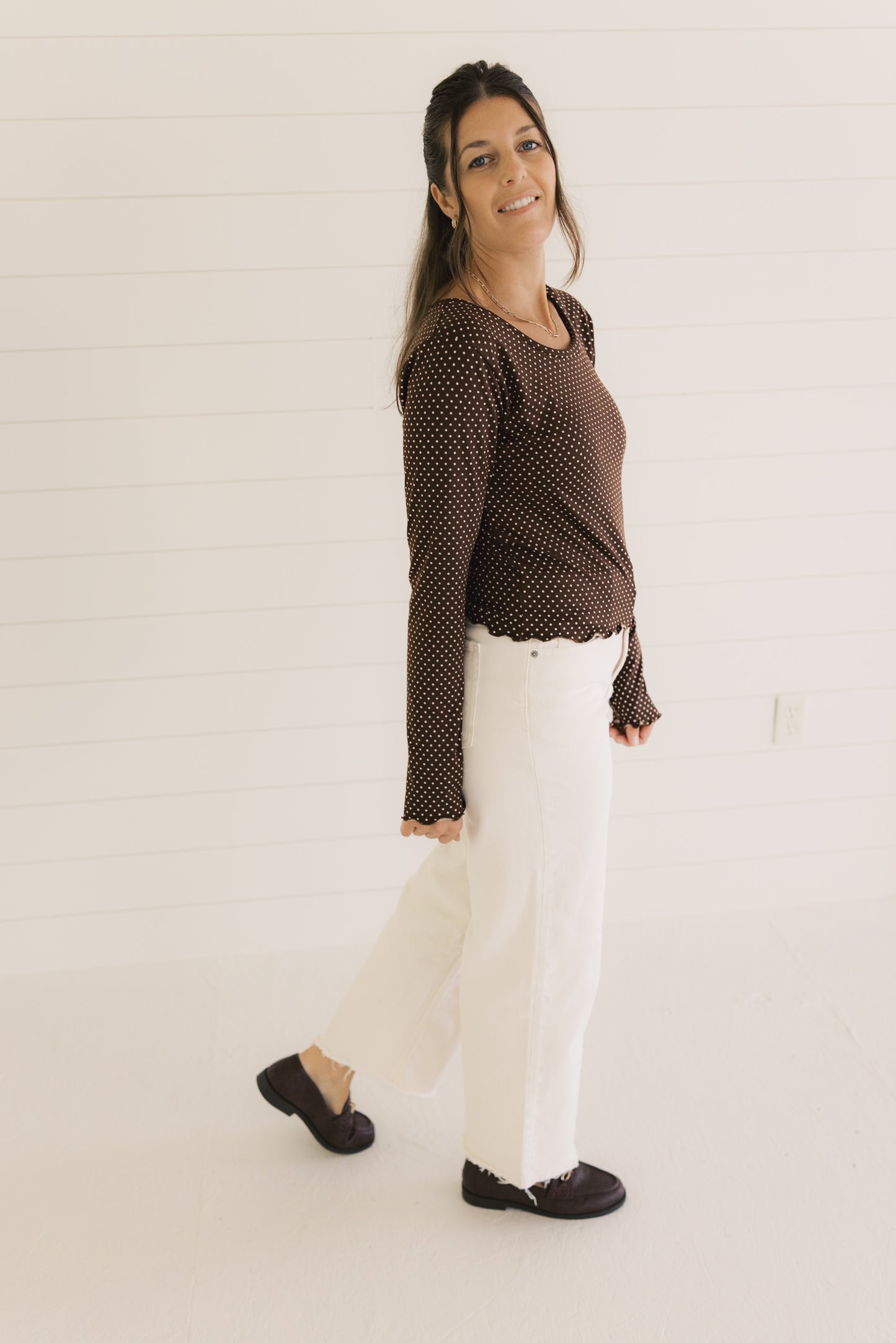 The Ruby Top  - Brown Polka Dot