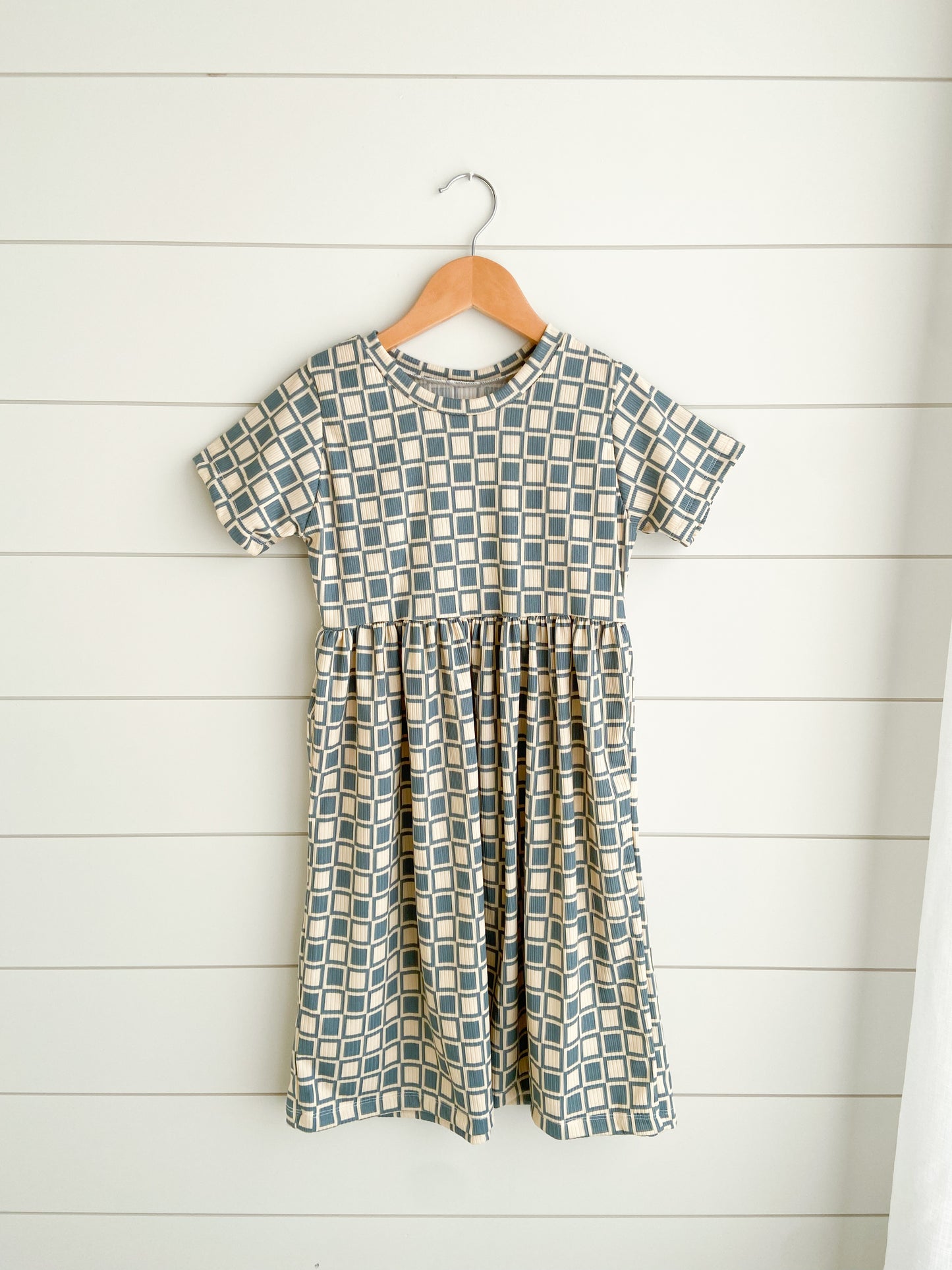 Dusty Blue Checkered Babydoll Dress