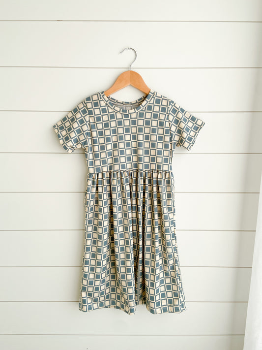 Dusty Blue Checkered Babydoll Dress