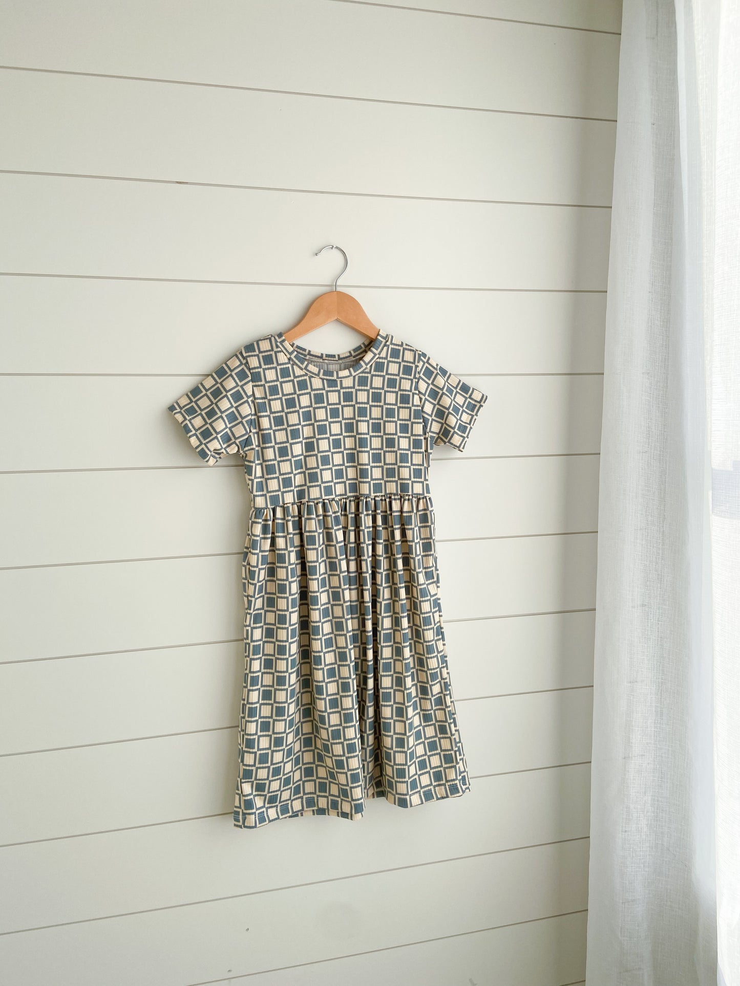 Dusty Blue Checkered Babydoll Dress