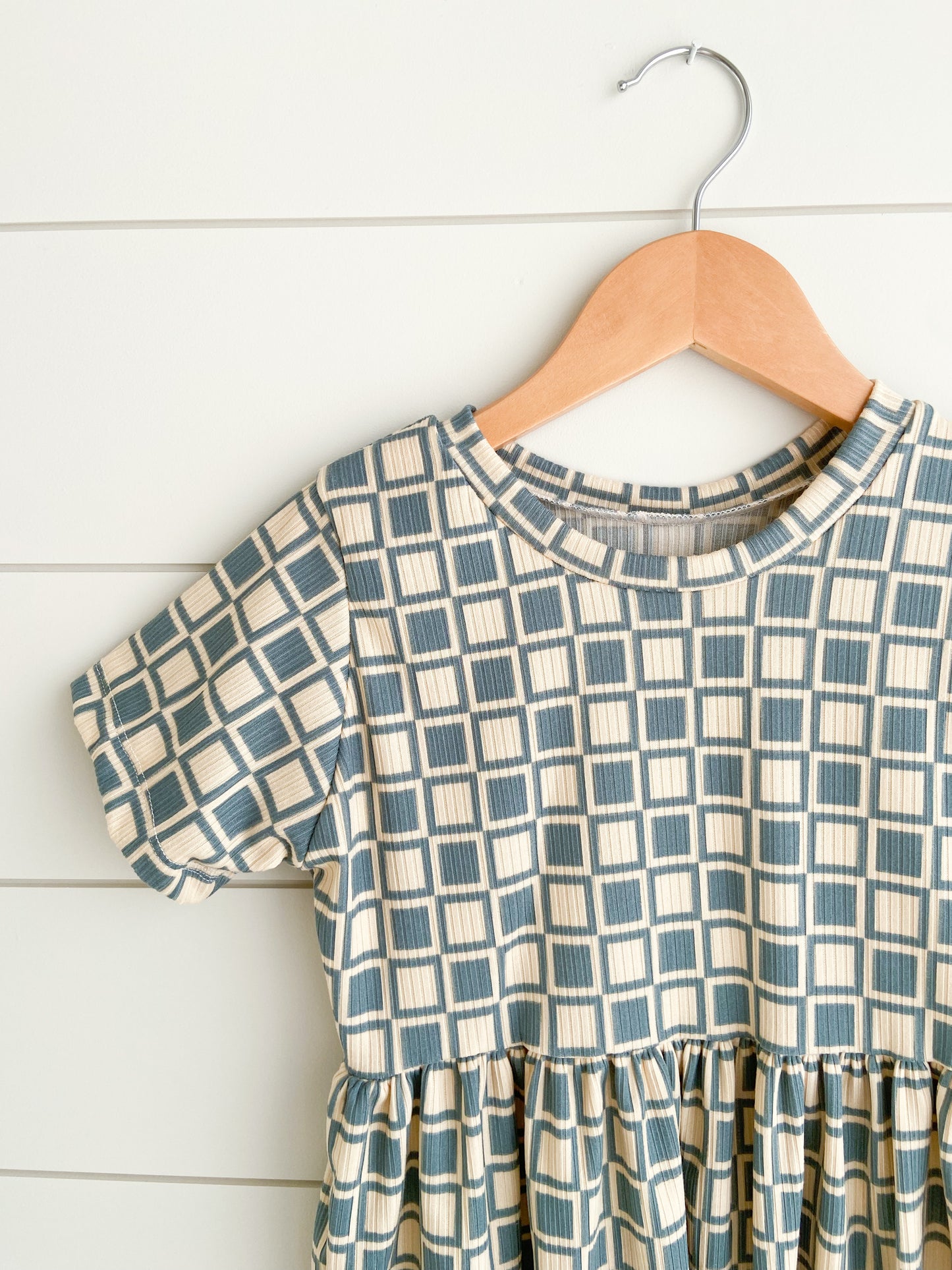 Dusty Blue Checkered Babydoll Dress